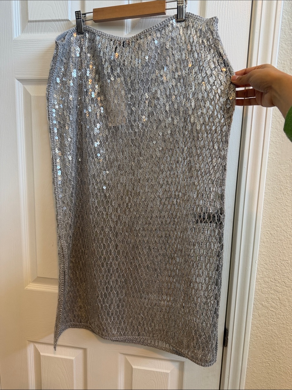 Zara Silver Sequin Mesh Midi Skirt